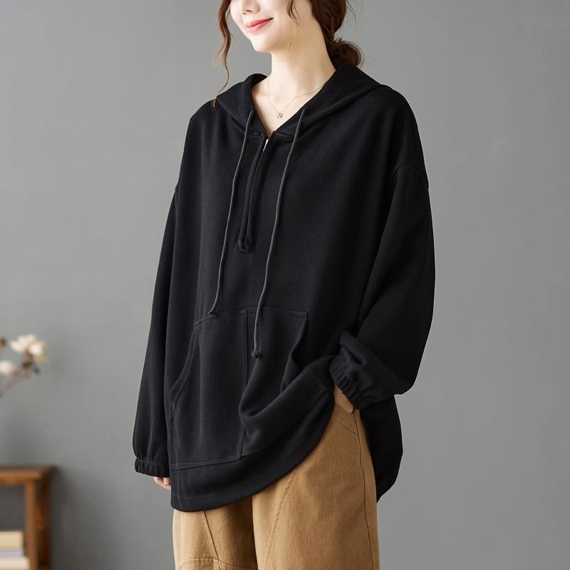 漾貝比中大碼【9154857】前開拉鍊插手口袋黑色帽裏抽繩長上衣．黑/酒紅(40-52)-細節圖2