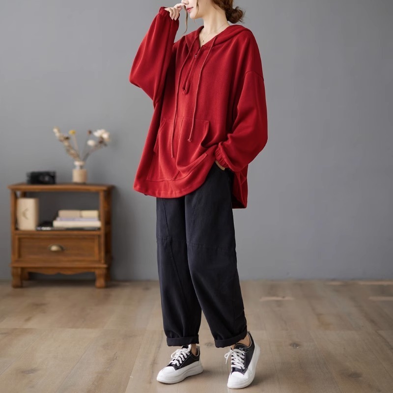 漾貝比中大碼【9154857】前開拉鍊插手口袋黑色帽裏抽繩長上衣．黑/酒紅(40-52)-細節圖8