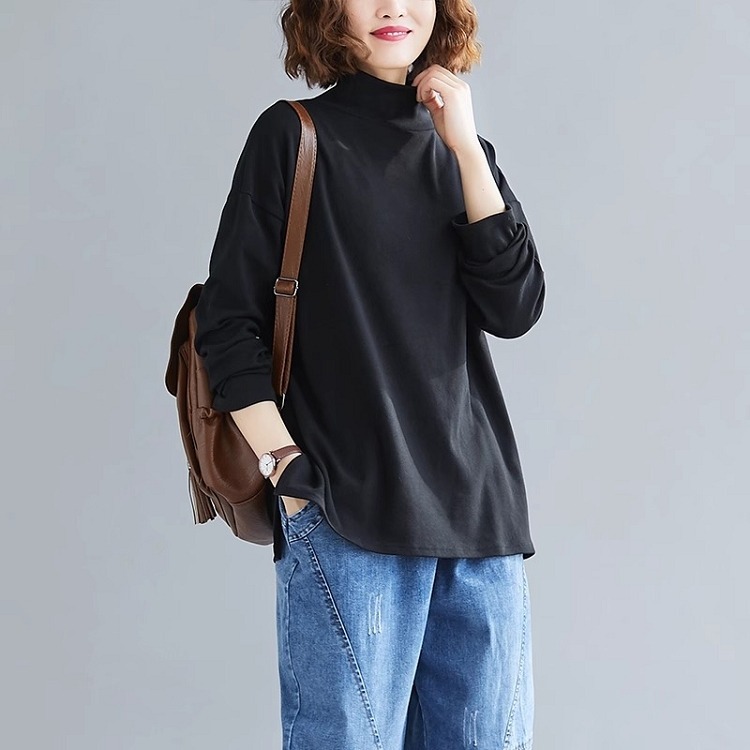 漾貝比中大碼【9154876】造型百搭立領純黑棉質內搭上衣 (38-50)-細節圖2