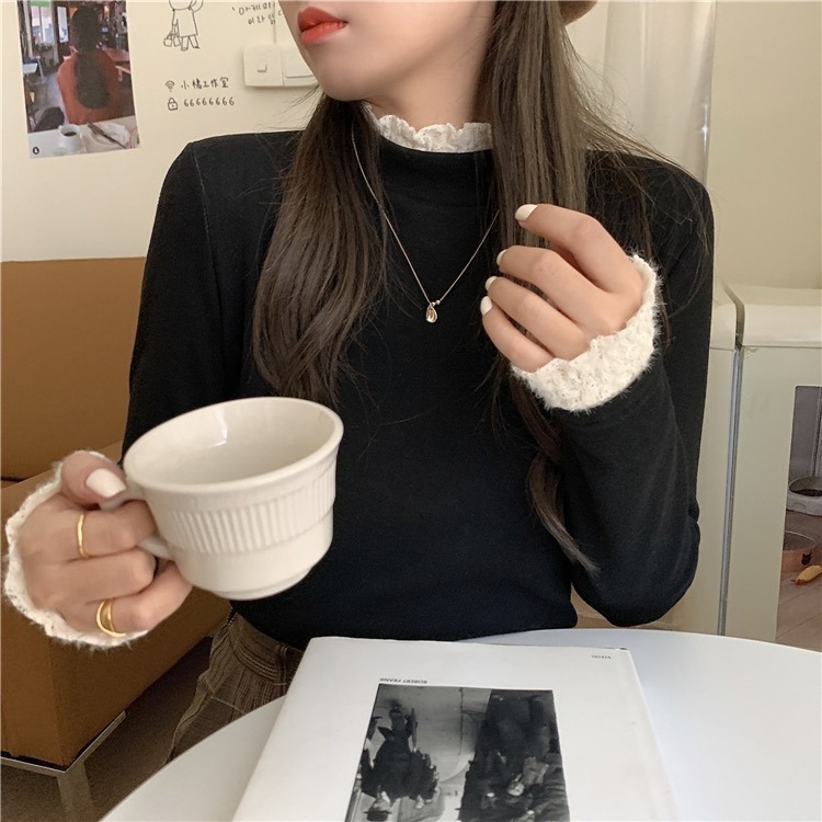 漾貝比中大碼【9154975】領口袖口拼接花邊蕾絲德絨保暖內搭上衣．共2色 (38-55)-細節圖4