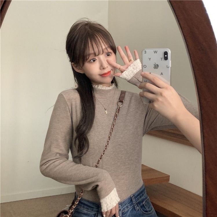 漾貝比中大碼【9154975】領口袖口拼接花邊蕾絲德絨保暖內搭上衣．共2色 (38-55)-細節圖6