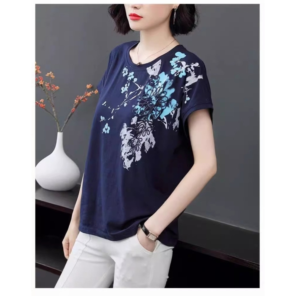 漾貝比【9155063】中大尺碼女裝 肩上中國風立體折花氣質連袖上衣．深藍 (36-45)-細節圖3