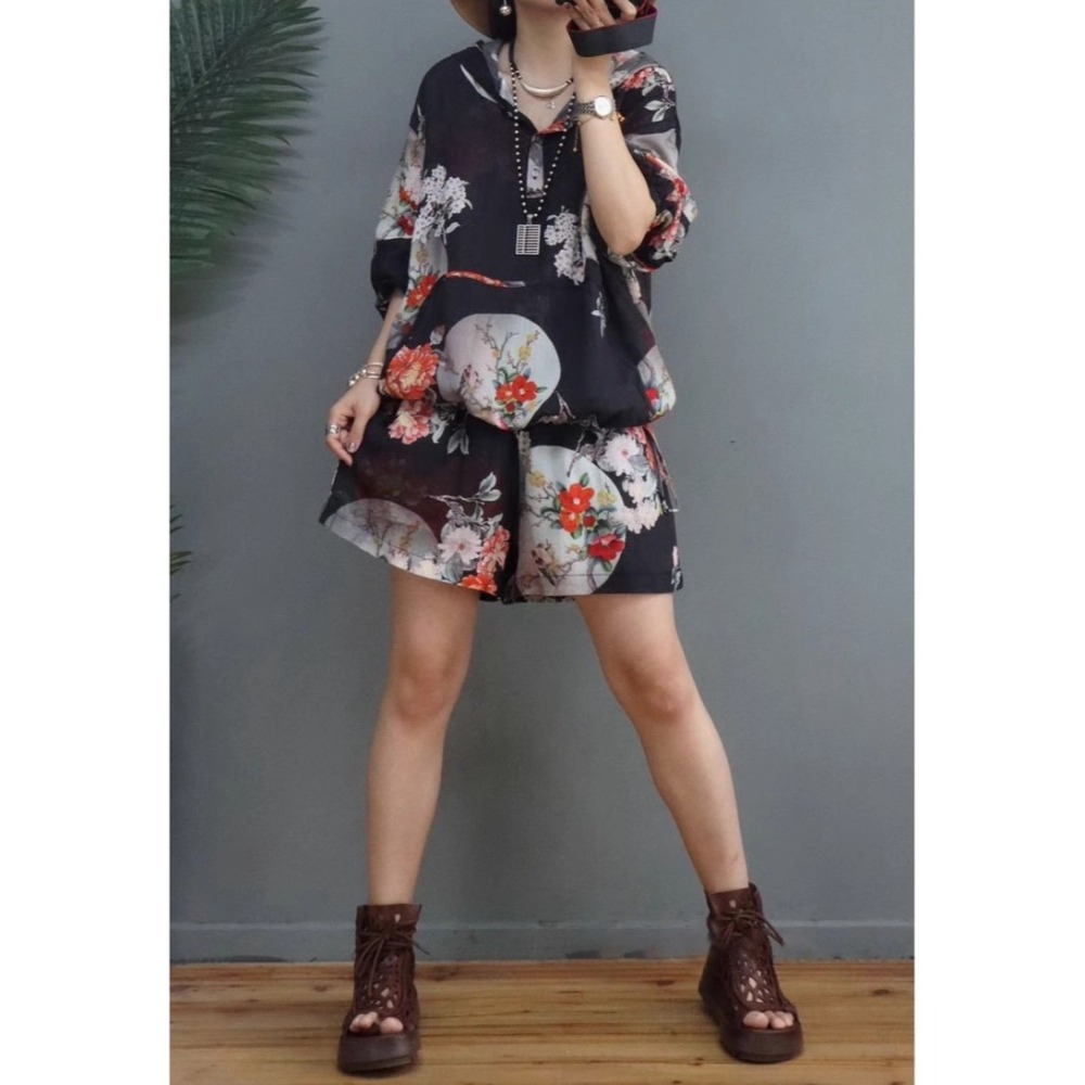 漾貝比【9155086】中大尺碼女裝 前開釦連帽日系花朵七分袖縈麻套裝 (36-52)-細節圖2