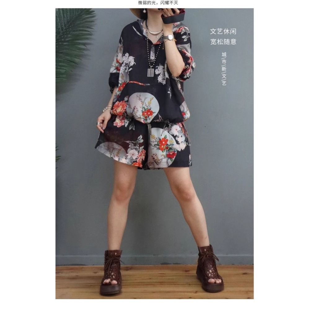 漾貝比【9155086】中大尺碼女裝 前開釦連帽日系花朵七分袖縈麻套裝 (36-52)-細節圖3