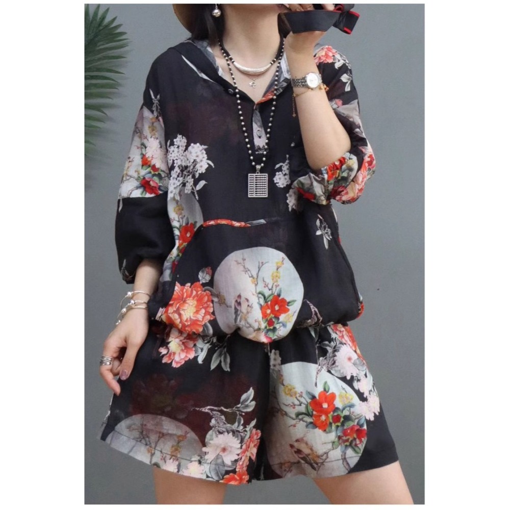 漾貝比【9155086】中大尺碼女裝 前開釦連帽日系花朵七分袖縈麻套裝 (36-52)-細節圖4