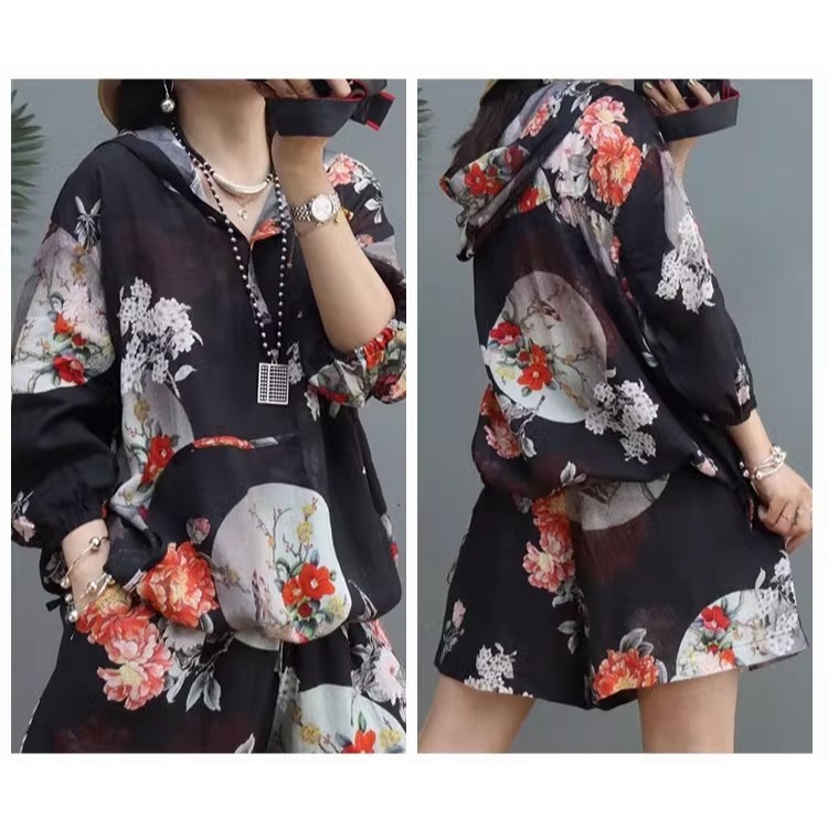 漾貝比【9155086】中大尺碼女裝 前開釦連帽日系花朵七分袖縈麻套裝 (36-52)-細節圖5