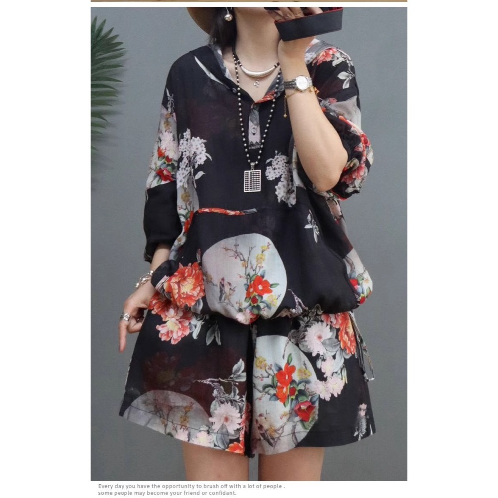 漾貝比【9155086】中大尺碼女裝 前開釦連帽日系花朵七分袖縈麻套裝 (36-52)-細節圖6