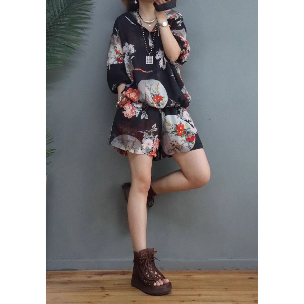 漾貝比【9155086】中大尺碼女裝 前開釦連帽日系花朵七分袖縈麻套裝 (36-52)-細節圖7