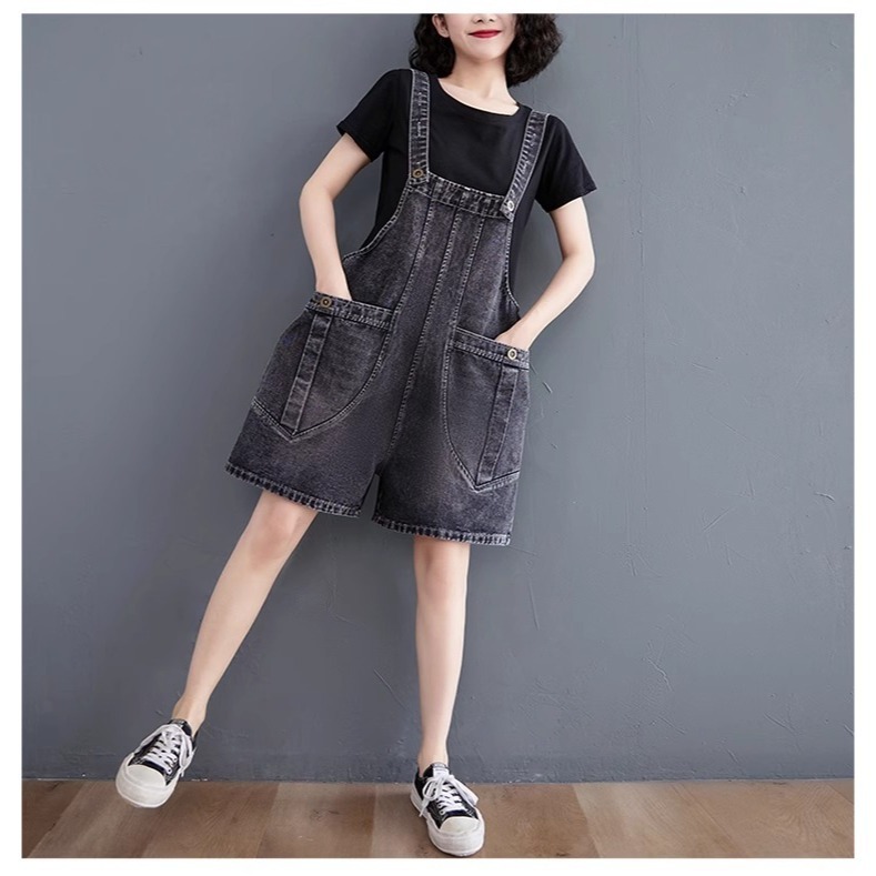 漾貝比【9155093】中大尺碼女裝 一釦壓折箭頭口袋牛仔吊帶短褲．共2色 (30-40)-細節圖3