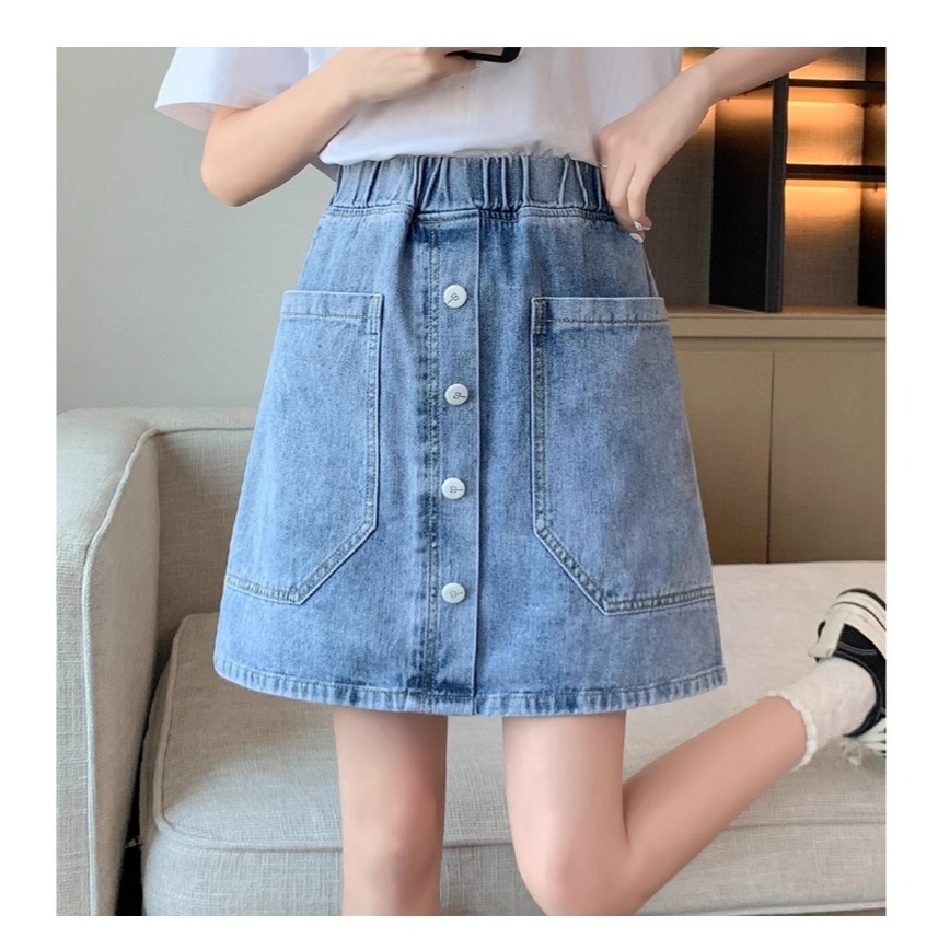 漾貝比【9155114】中大尺碼女裝 百搭多角大口袋排釦鬆緊牛仔裙 (30-40)-細節圖5