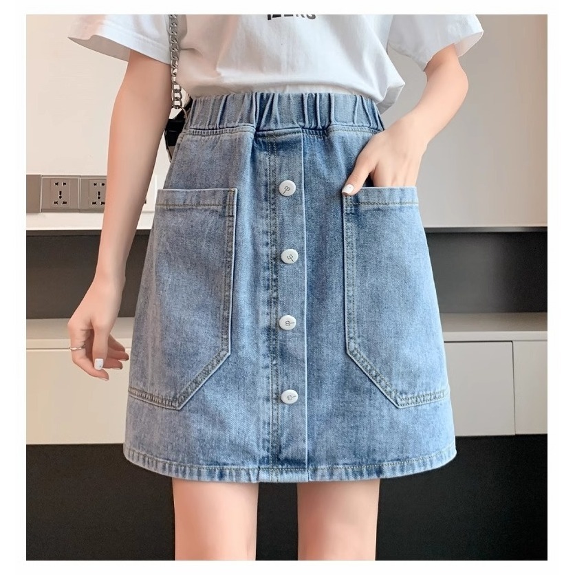 漾貝比【9155114】中大尺碼女裝 百搭多角大口袋排釦鬆緊牛仔裙 (30-40)-細節圖6