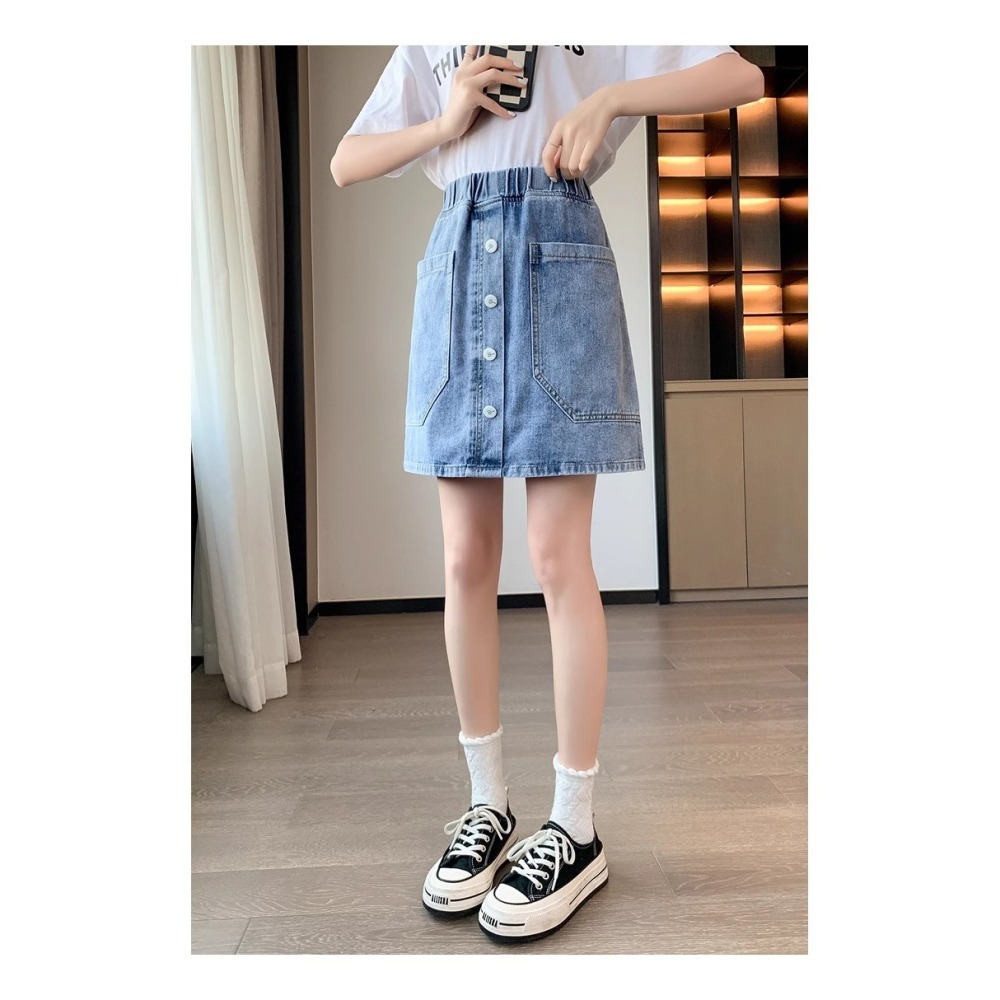 漾貝比【9155114】中大尺碼女裝 百搭多角大口袋排釦鬆緊牛仔裙 (30-40)-細節圖7