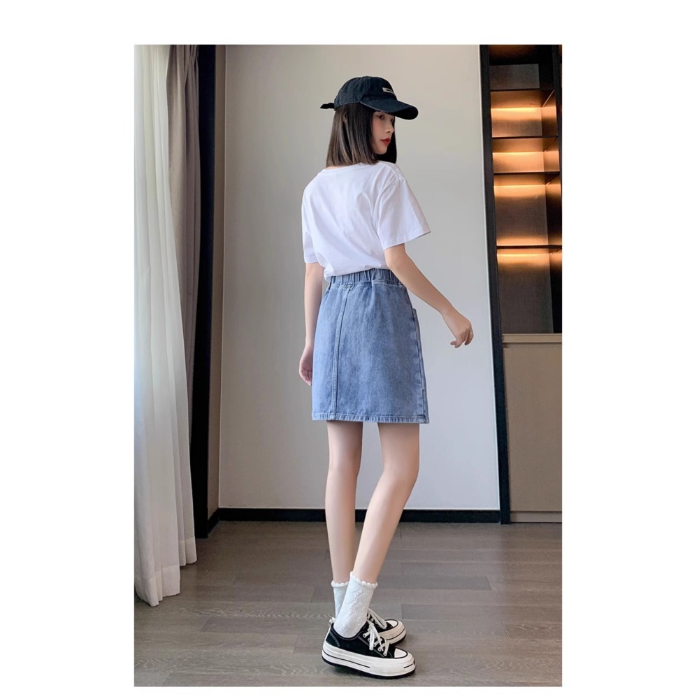 漾貝比【9155114】中大尺碼女裝 百搭多角大口袋排釦鬆緊牛仔裙 (30-40)-細節圖8