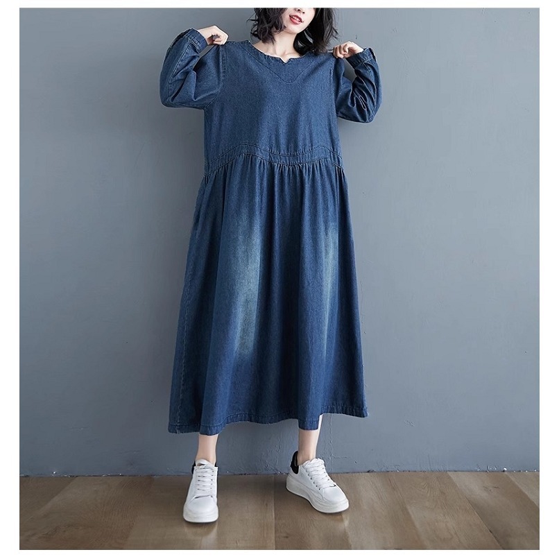 漾貝比【9155245】中大尺碼女裝 韓版小V領腰造型車線寬鬆長版洋裝(36-49)-細節圖4