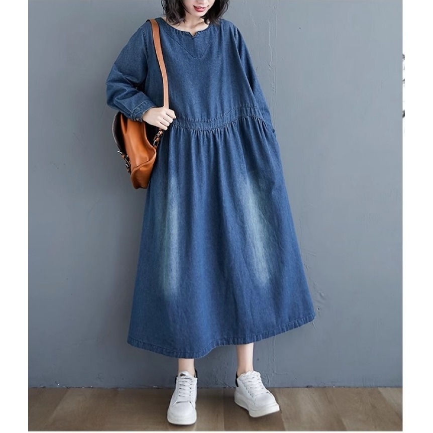 漾貝比【9155245】中大尺碼女裝 韓版小V領腰造型車線寬鬆長版洋裝(36-49)-細節圖5