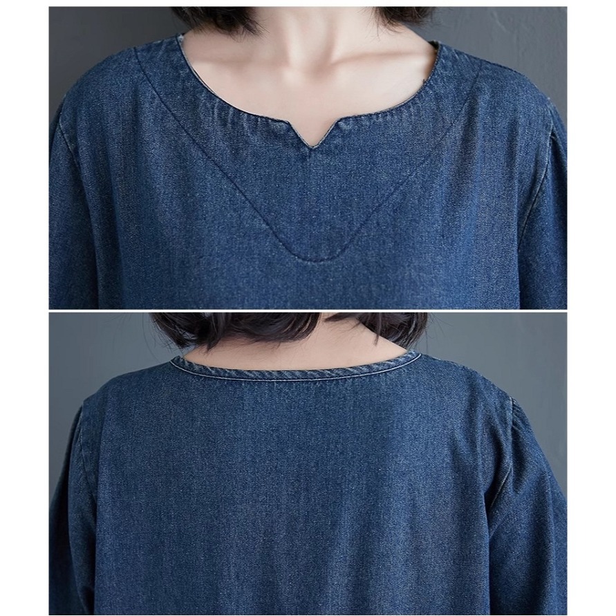 漾貝比【9155245】中大尺碼女裝 韓版小V領腰造型車線寬鬆長版洋裝(36-49)-細節圖9