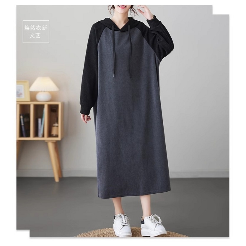 漾貝比【9155277】中大尺碼女裝 英格蘭袖撞色連帽加厚中長版洋裝(40-52)-細節圖2