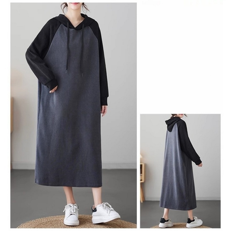 漾貝比【9155277】中大尺碼女裝 英格蘭袖撞色連帽加厚中長版洋裝(40-52)-細節圖3