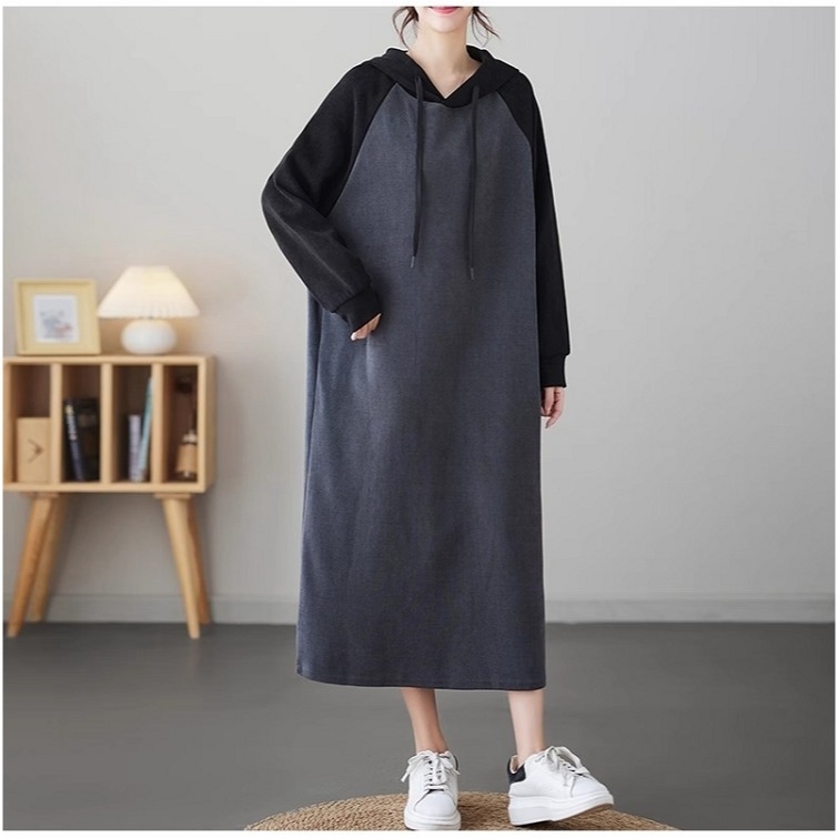 漾貝比【9155277】中大尺碼女裝 英格蘭袖撞色連帽加厚中長版洋裝(40-52)-細節圖4