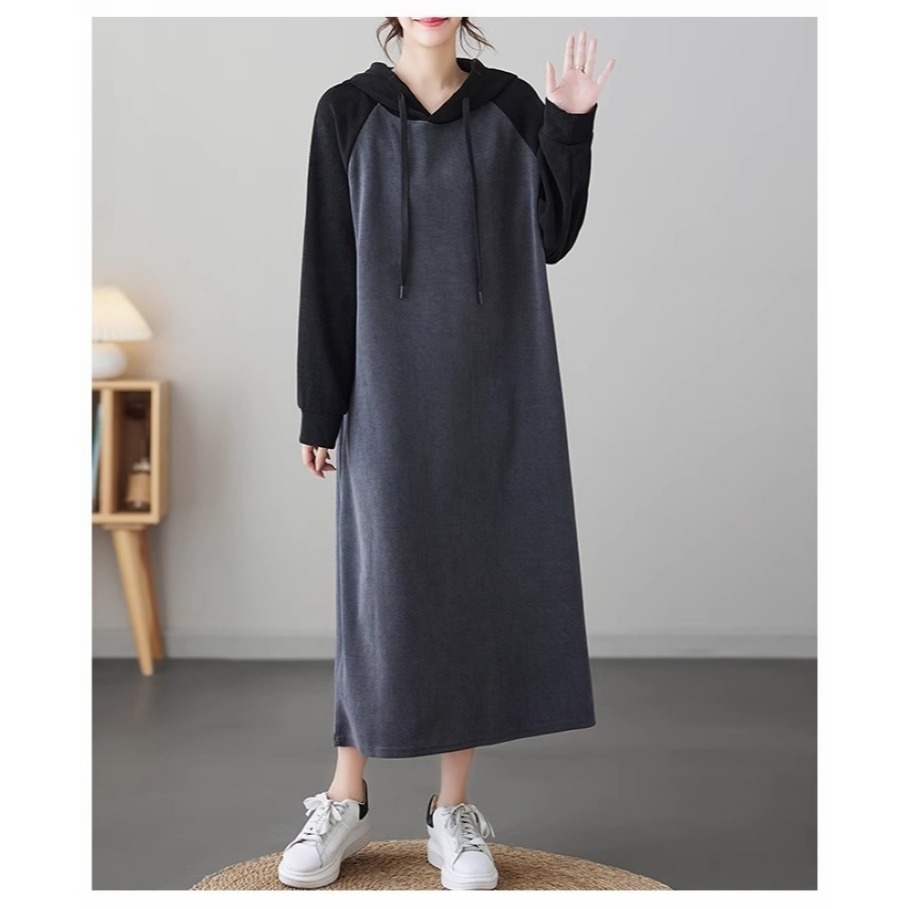 漾貝比【9155277】中大尺碼女裝 英格蘭袖撞色連帽加厚中長版洋裝(40-52)-細節圖5