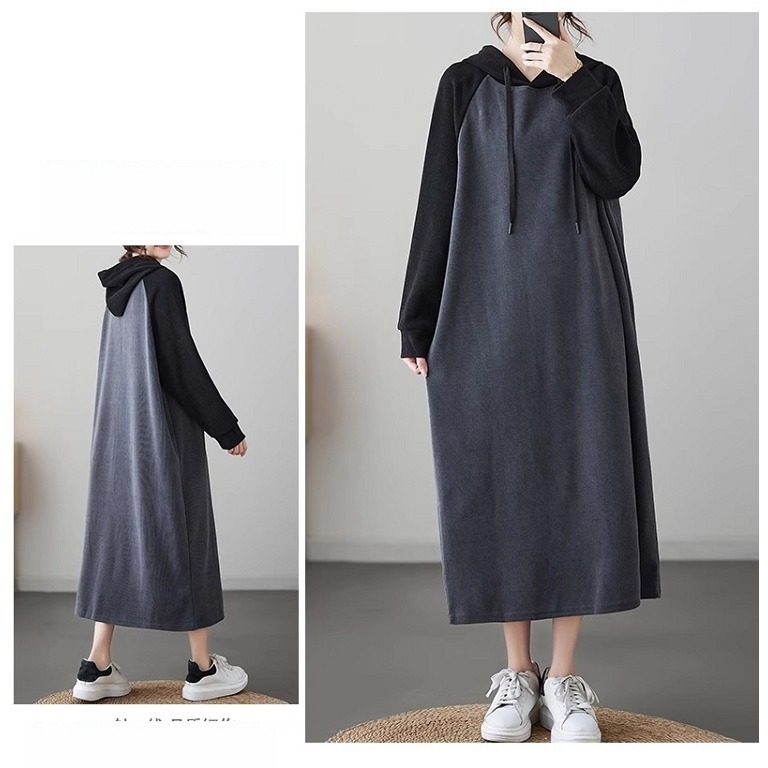 漾貝比【9155277】中大尺碼女裝 英格蘭袖撞色連帽加厚中長版洋裝(40-52)-細節圖6