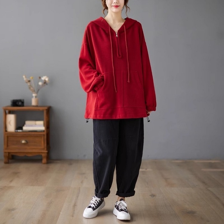 漾貝比【9155293】中大尺碼女裝 前開拉鍊連帽口袋中長版織衣上衣．共2色(40-52)-細節圖5