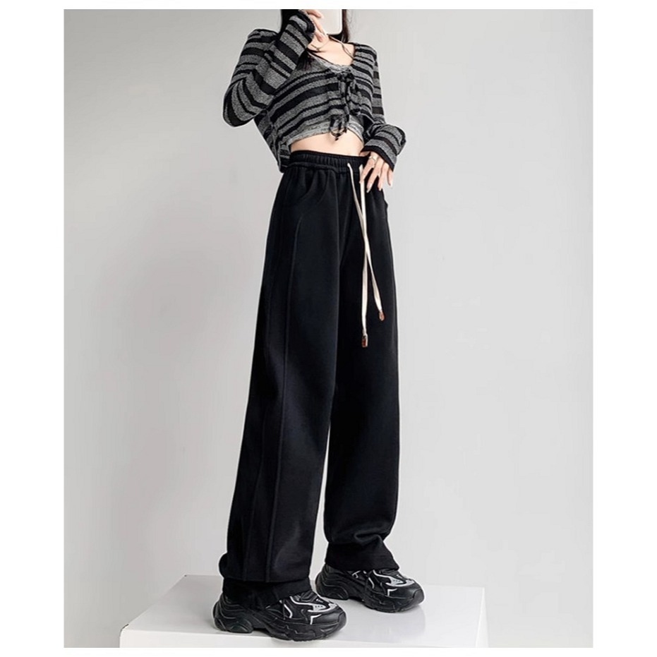 漾貝比【9155303】中大尺碼女裝 鬆緊高腰側開叉車線顯瘦加絨闊腿褲．共2色(32-40)-細節圖7