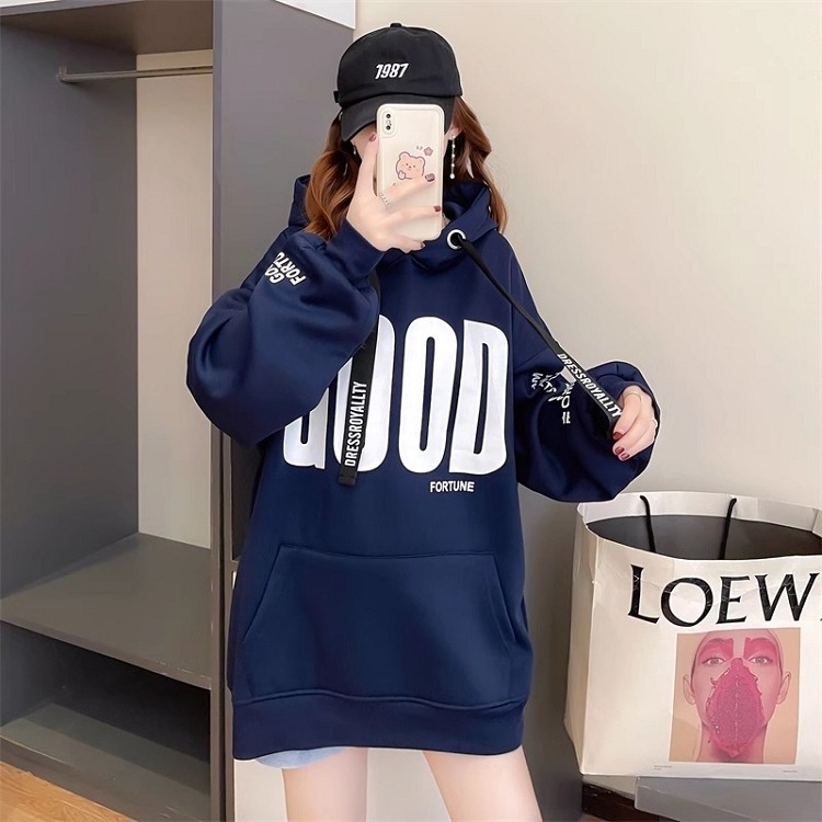 漾貝比【9155305】中大尺碼女裝 GOOD英文連帽口袋垂繩加絨加厚T(38-47)-細節圖3