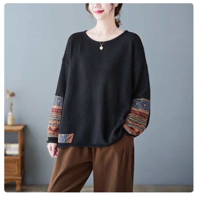 漾貝比【9155314】中大尺碼女裝 袖口下擺民俗風貼布花布針織毛衣(40-52)-細節圖2