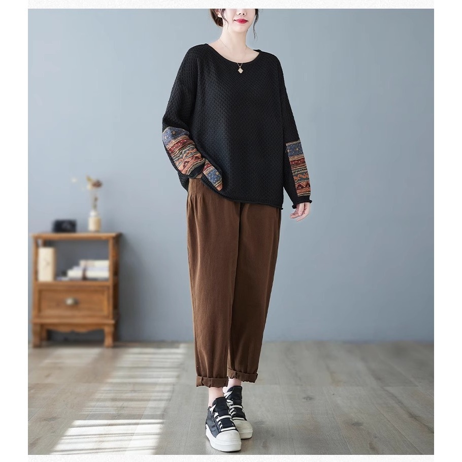 漾貝比【9155314】中大尺碼女裝 袖口下擺民俗風貼布花布針織毛衣(40-52)-細節圖3