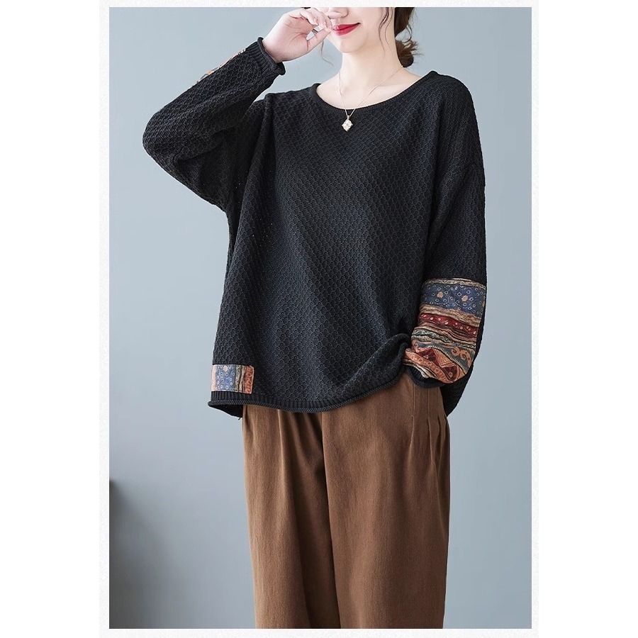 漾貝比【9155314】中大尺碼女裝 袖口下擺民俗風貼布花布針織毛衣(40-52)-細節圖4