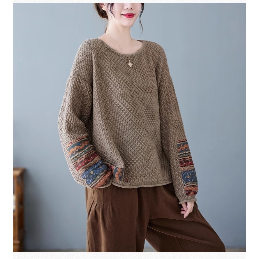 漾貝比【9155314】中大尺碼女裝 袖口下擺民俗風貼布花布針織毛衣(40-52)-細節圖6