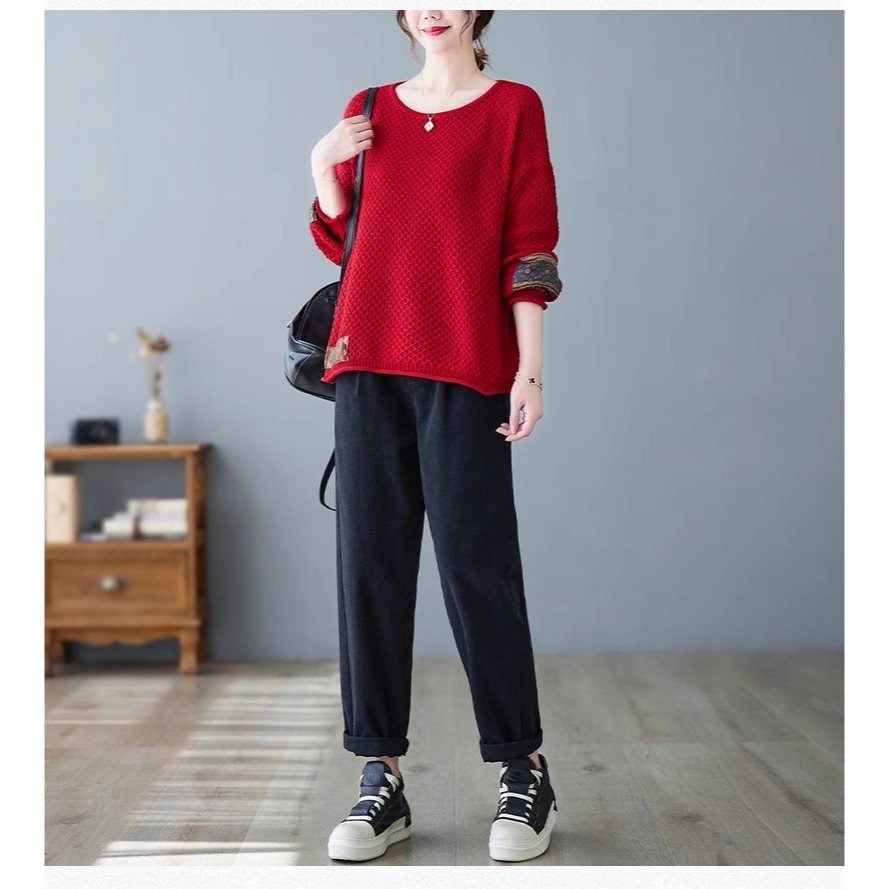 漾貝比【9155314】中大尺碼女裝 袖口下擺民俗風貼布花布針織毛衣(40-52)-細節圖8