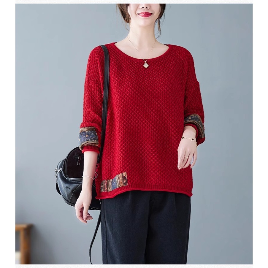 漾貝比【9155314】中大尺碼女裝 袖口下擺民俗風貼布花布針織毛衣(40-52)-細節圖9