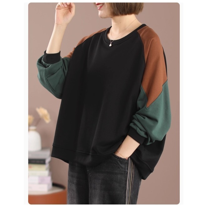 漾貝比【9155315】中大尺碼女裝 圓領袖拼接三色寬鬆織衣T(40-52)-細節圖2