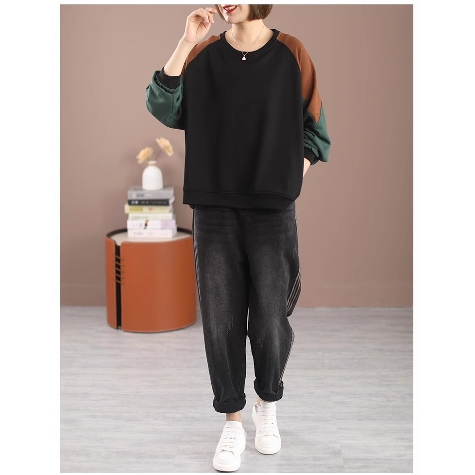 漾貝比【9155315】中大尺碼女裝 圓領袖拼接三色寬鬆織衣T(40-52)-細節圖3