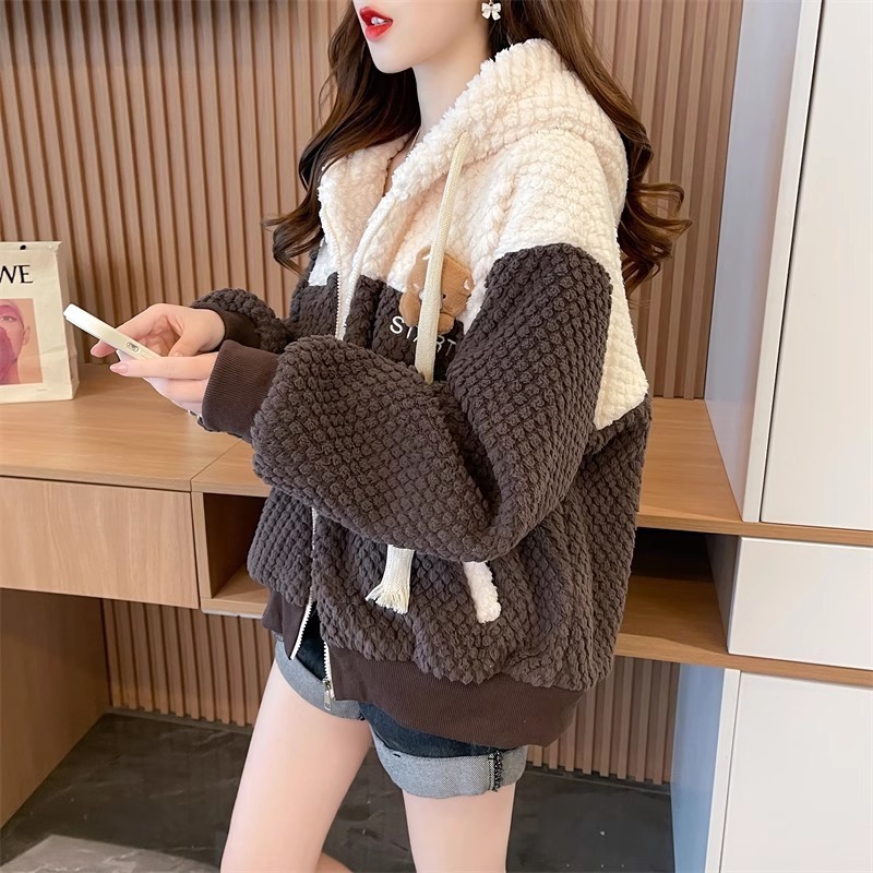 漾貝比【9155343】中大尺碼女裝 上下撞色連帽羊羔毛保暖外套(36-47)-細節圖4