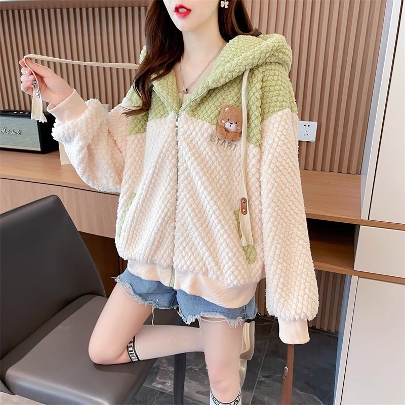 漾貝比【9155343】中大尺碼女裝 上下撞色連帽羊羔毛保暖外套(36-47)-細節圖9