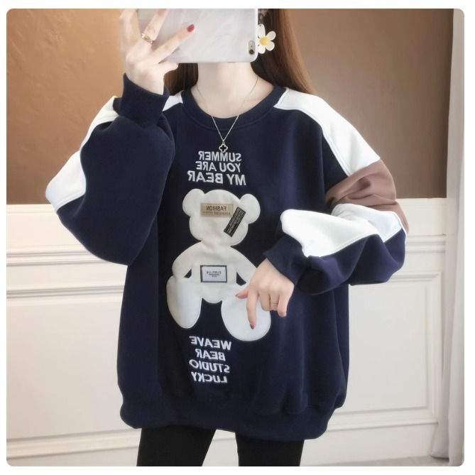 漾貝比【9155344】中大尺碼女裝 貼布泰迪熊三拼色袖加絨加厚T(36-50)-細節圖2