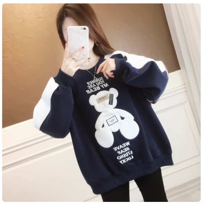 漾貝比【9155344】中大尺碼女裝 貼布泰迪熊三拼色袖加絨加厚T(36-50)-細節圖3