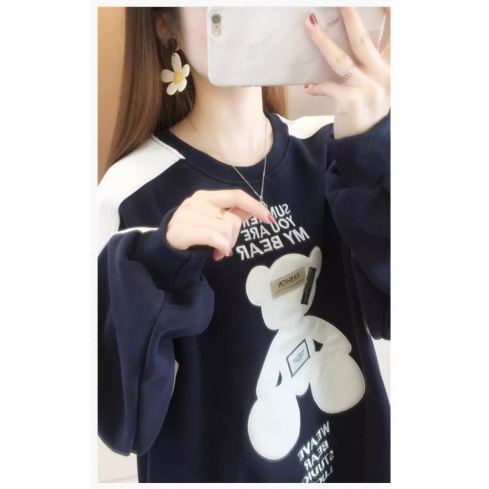 漾貝比【9155344】中大尺碼女裝 貼布泰迪熊三拼色袖加絨加厚T(36-50)-細節圖4