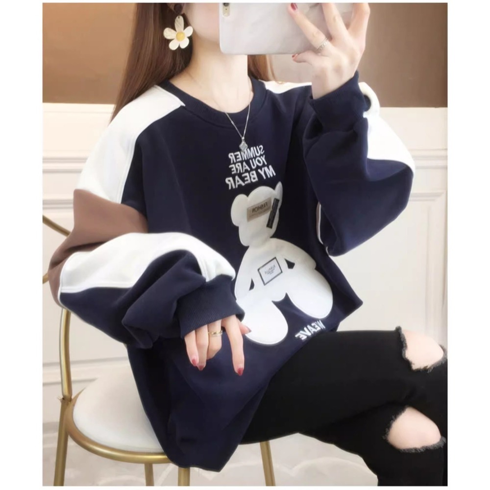 漾貝比【9155344】中大尺碼女裝 貼布泰迪熊三拼色袖加絨加厚T(36-50)-細節圖7