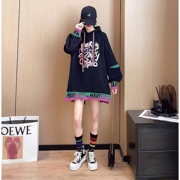 漾貝比【9155345】中大尺碼女裝 後開叉袖撞色英文加絨加厚長T(36-50)-細節圖4