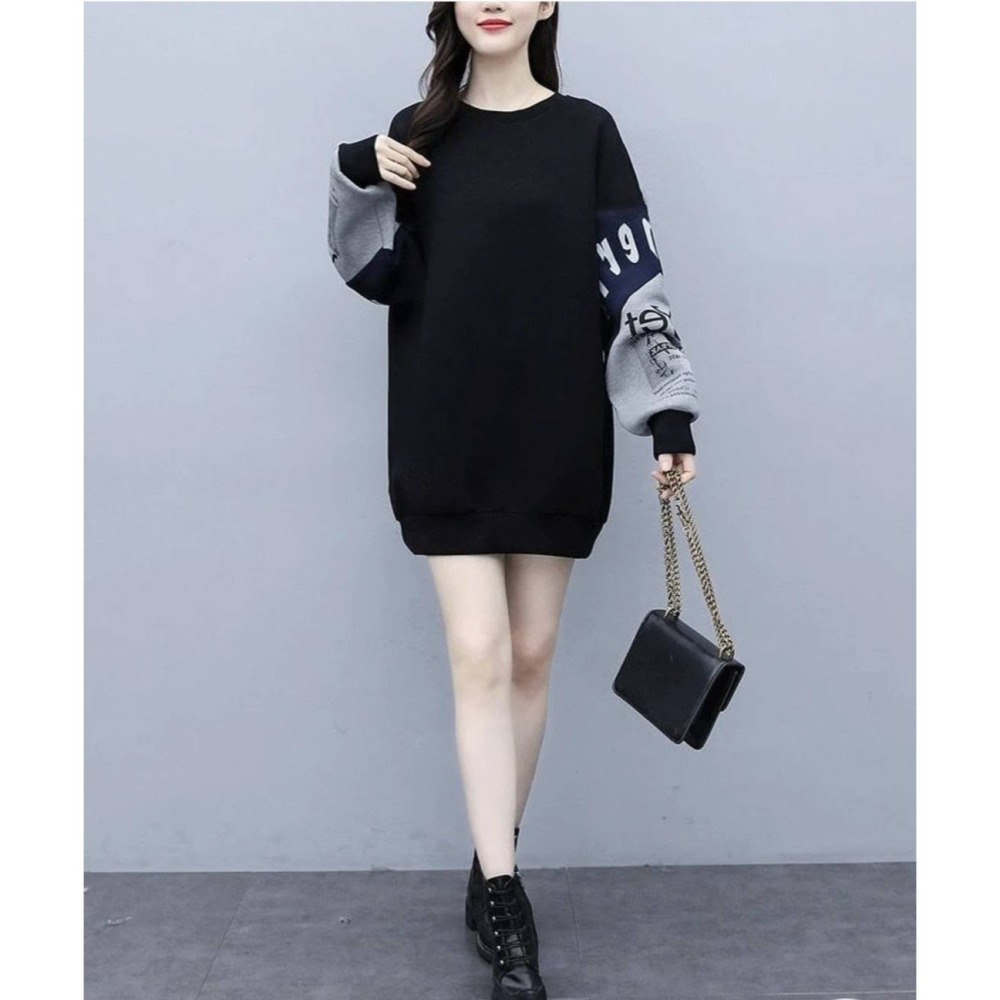 漾貝比【9155354】中大尺碼女裝 圓領袖拼接英文印花加絨加厚中長版上衣(36-55)-細節圖4