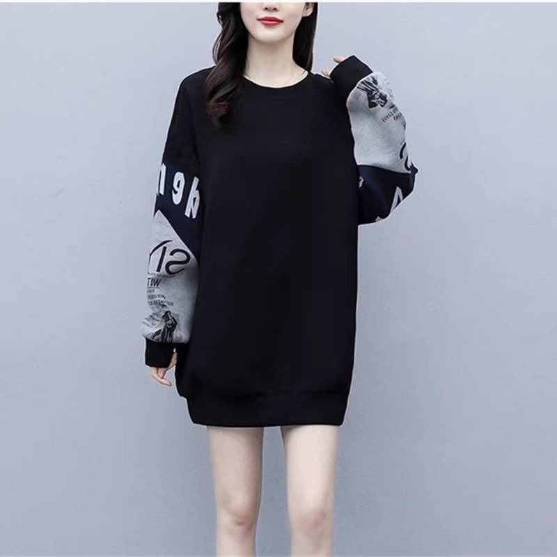 漾貝比【9155354】中大尺碼女裝 圓領袖拼接英文印花加絨加厚中長版上衣(36-55)-細節圖5