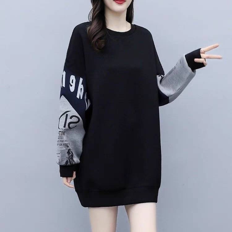 漾貝比【9155354】中大尺碼女裝 圓領袖拼接英文印花加絨加厚中長版上衣(36-55)-細節圖6