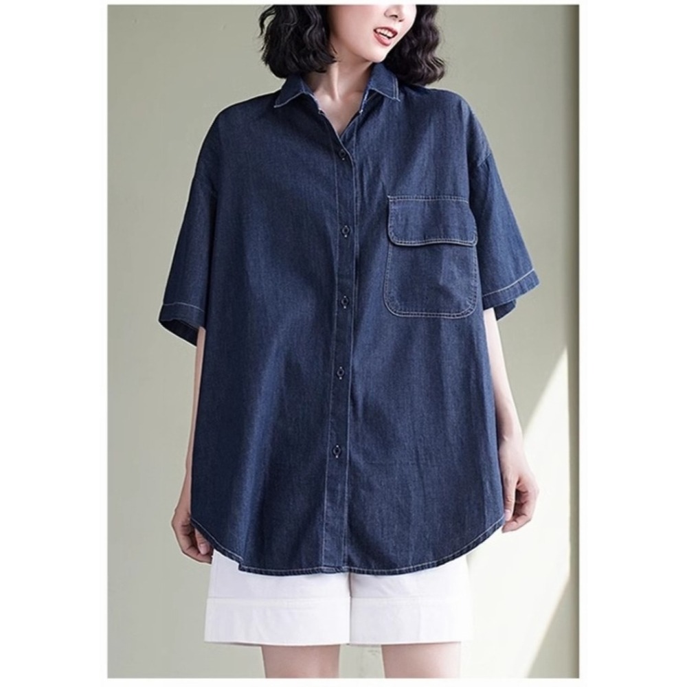 漾貝比【9155371】中大尺碼女裝 胸前口袋百搭寬鬆牛仔襯衫外套 (40-54)-細節圖5