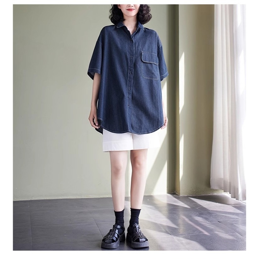 漾貝比【9155371】中大尺碼女裝 胸前口袋百搭寬鬆牛仔襯衫外套 (40-54)-細節圖6