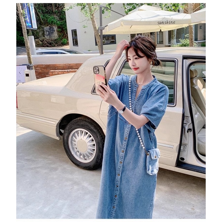 漾貝比【9155379】中大尺碼女裝 復古接V領排釦牛仔優雅洋裝 (36-42)-細節圖2