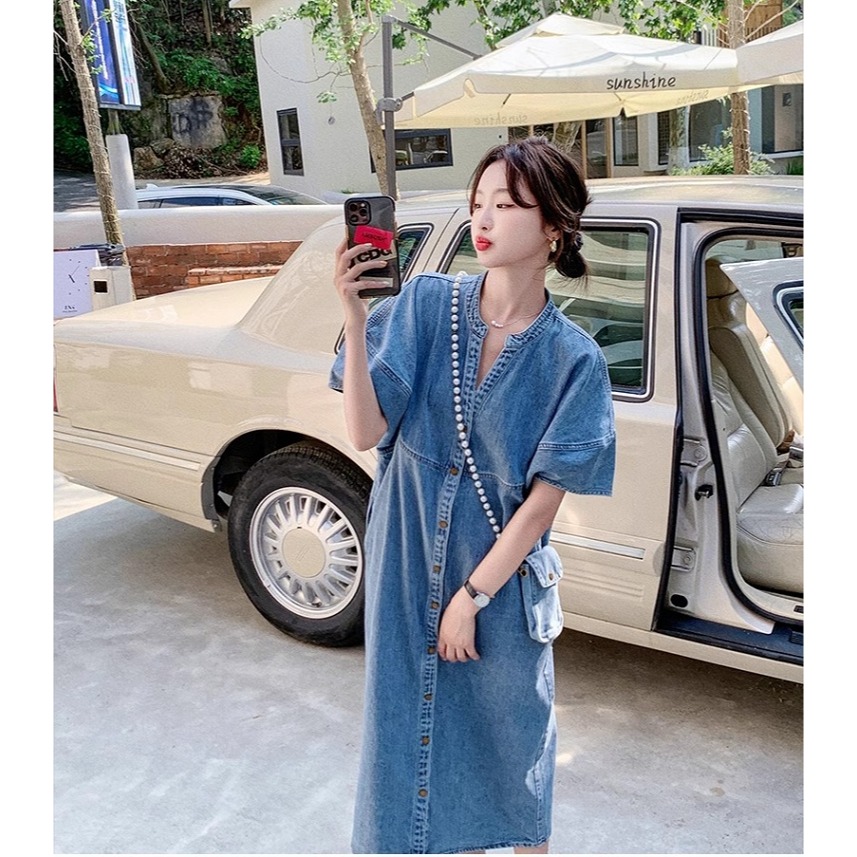 漾貝比【9155379】中大尺碼女裝 復古接V領排釦牛仔優雅洋裝 (36-42)-細節圖3